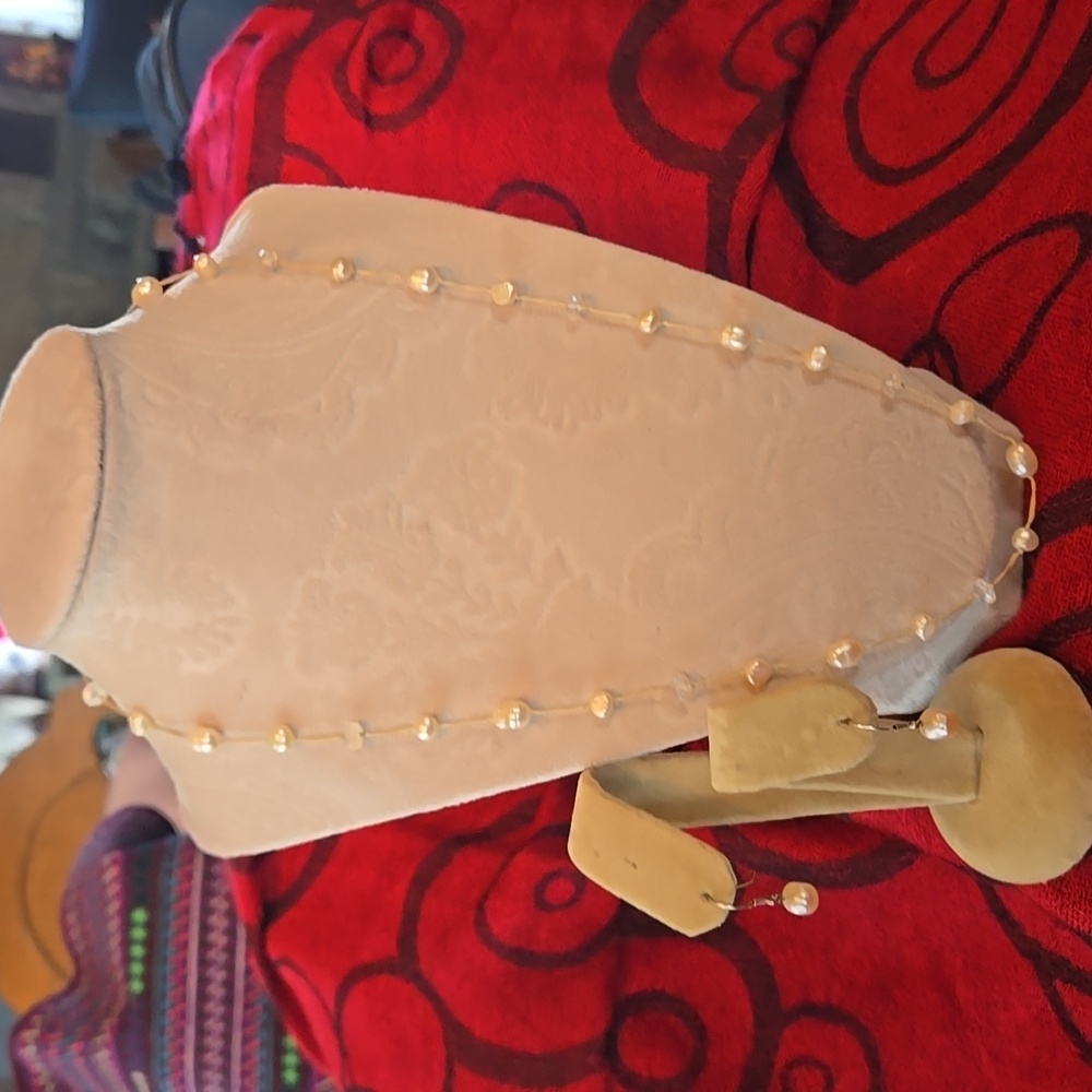 Vintage, station style pearl, crystal bead necklace with pierced pearl earrings